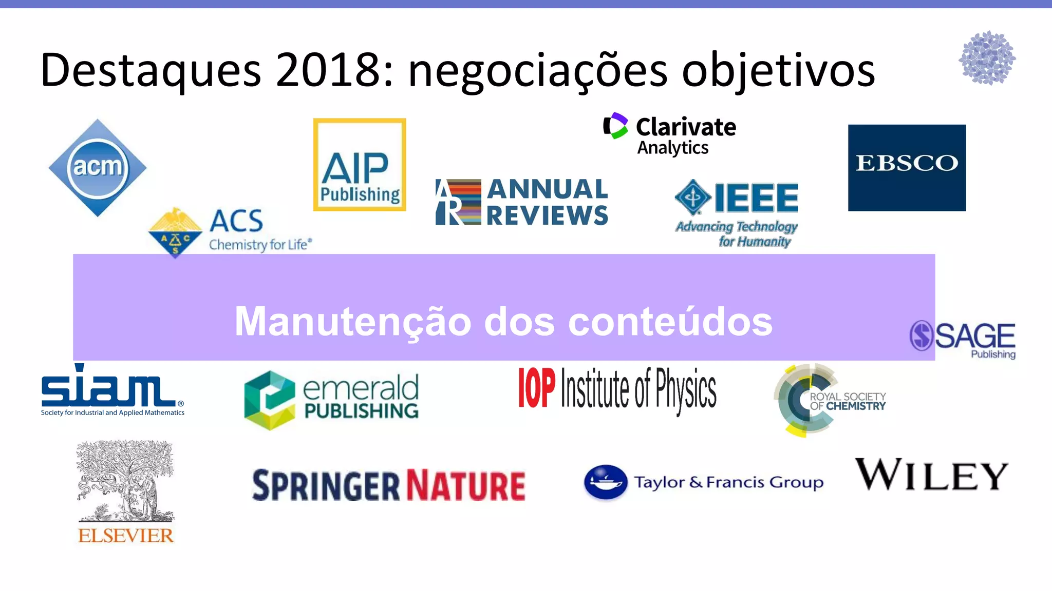 Manutenção dos conteúdos
Destaques 2018: negociações objetivos
 