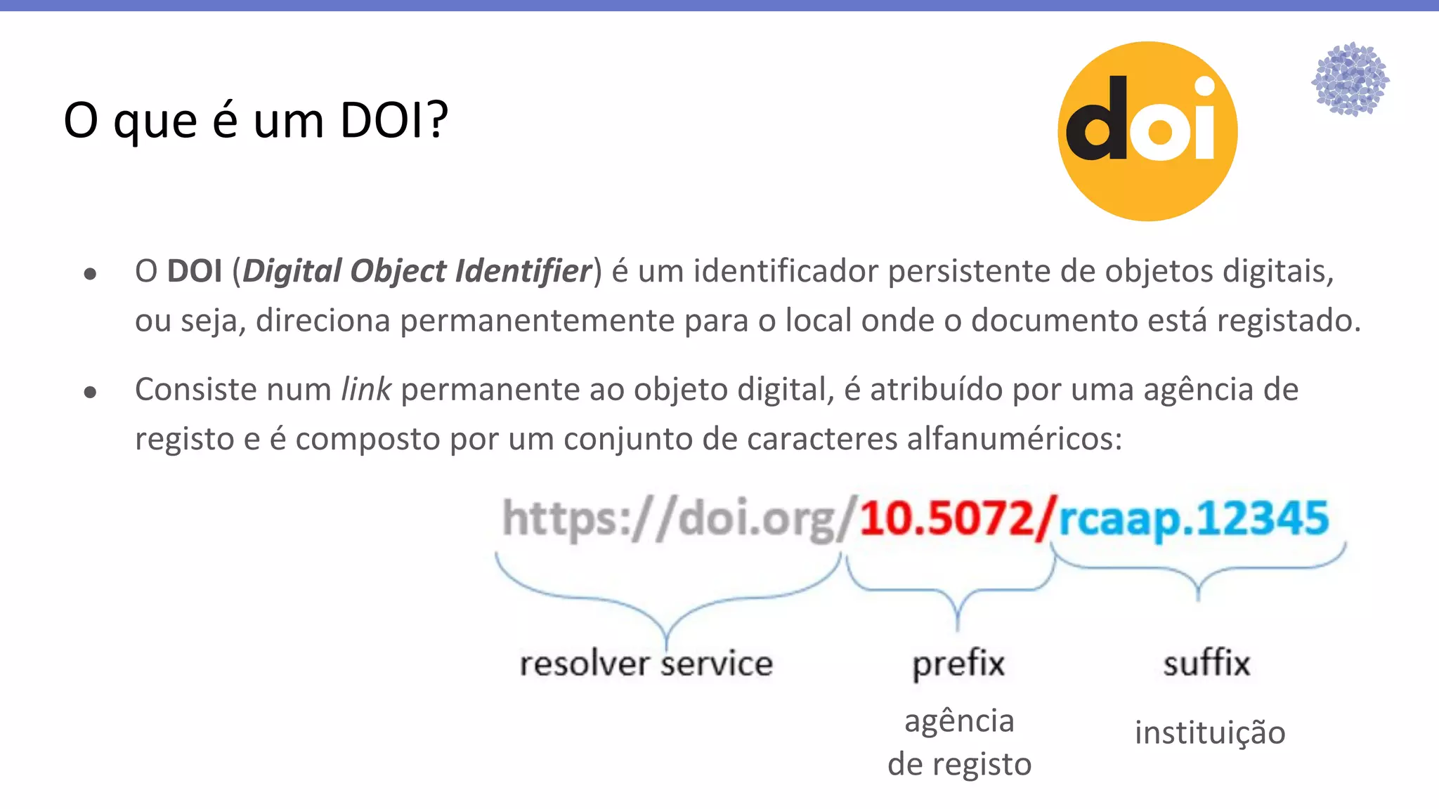 O que é um DOI?
● O DOI (Digital Object Identifier) é um identificador persistente de objetos digitais,
ou seja, direciona permanentemente para o local onde o documento está registado.
● Consiste num link permanente ao objeto digital, é atribuído por uma agência de
registo e é composto por um conjunto de caracteres alfanuméricos:
agência
de registo
instituição
 