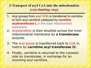1. Acyl groups from acyl COA is transferred to carnitine
to form acyl carnitine catalyzed by carnitine
acyltransferase I, in the outer mitochondrial
membrane.
2. Acylcarnitine is then shuttled across the inner
mitochondrial membrane by a translocase
enzyme.
3. The acyl group is transferred back to CoA in
matrix by carnitine acyl transferase II.
4. Finally, carnitine is returned to the cytosolic
side by translocase, in exchange for an
incoming acyl carnitine.
 