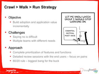 Crawl > Walk > Run Strategy Objective  Build adoption and application value incrementally Challenges Saying no is difficult Multiple teams with different needs Approach Complete prioritization of features and functions Detailed review sessions with the end users – focus on pains 80/20 rule – biggest bang for the buck 