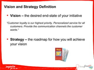Vision and Strategy Definition Vision –  the   desired end-state of your initiative  “ Customer loyalty is our highest priority. Personalized service for all customers. Provide the communication channels the customer wants.” Strategy –  the roadmap for how you will achieve your vision 