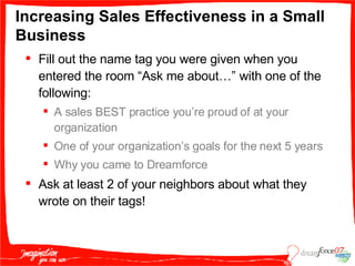 Increasing Sales Effectiveness in a Small Business ,[object Object],[object Object],[object Object],[object Object],[object Object]