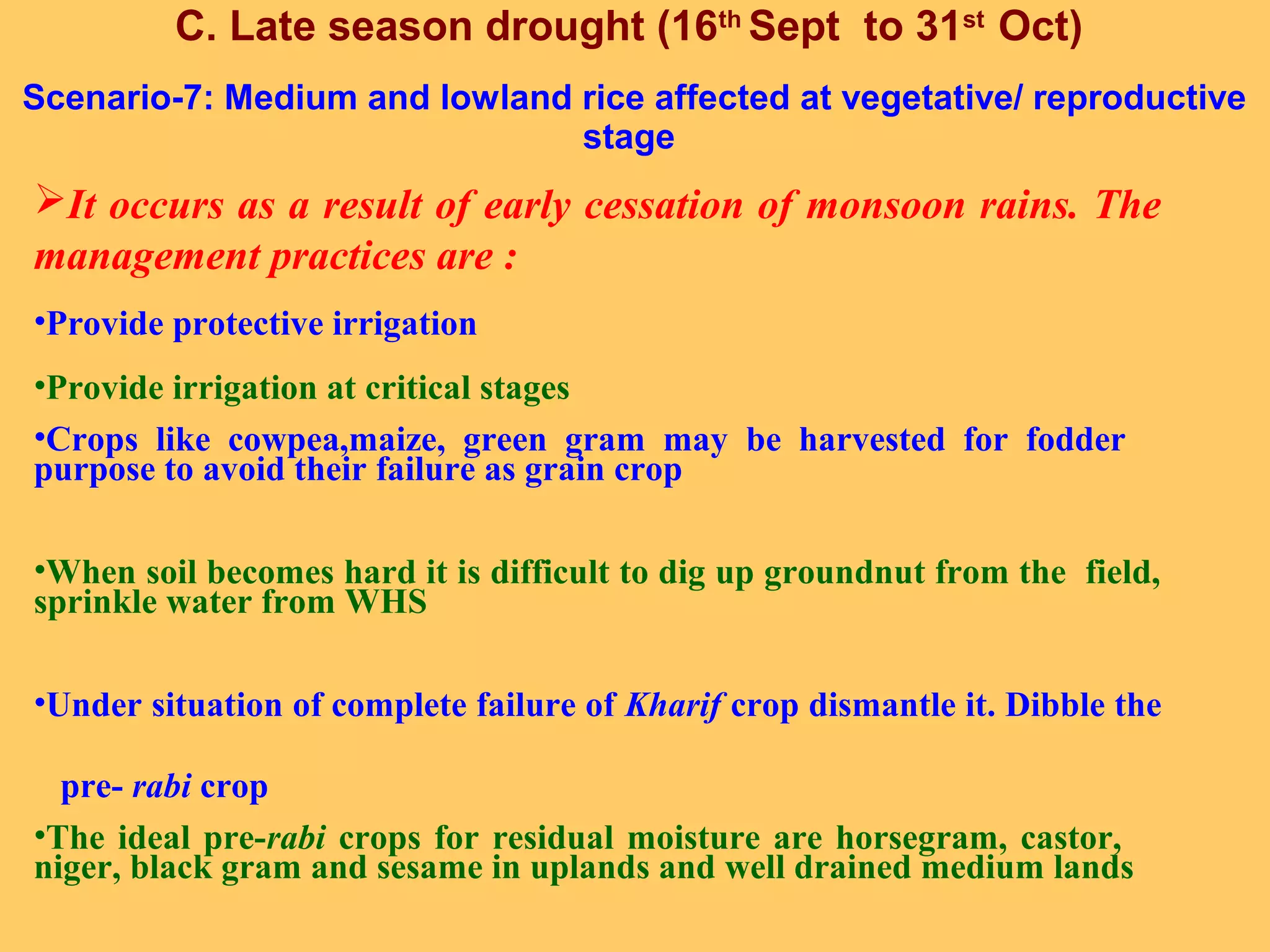 C. Late season drought (16th
Sept to 31st
Oct)
Scenario-7: Medium and lowland rice affected at vegetative/ reproductive
stage
It occurs as a result of early cessation of monsoon rains. The
management practices are :
•Provide protective irrigation
•Provide irrigation at critical stages
•Crops like cowpea,maize, green gram may be harvested for fodder
purpose to avoid their failure as grain crop
•When soil becomes hard it is difficult to dig up groundnut from the field,
sprinkle water from WHS
•Under situation of complete failure of Kharif crop dismantle it. Dibble the
pre- rabi crop
•The ideal pre-rabi crops for residual moisture are horsegram, castor,
niger, black gram and sesame in uplands and well drained medium lands
 