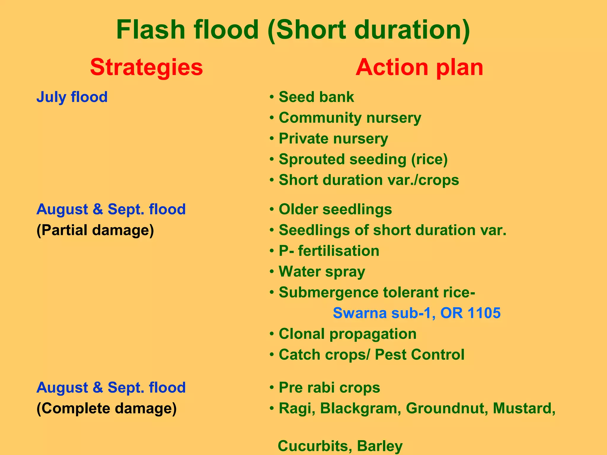 Flash flood (Short duration)
Strategies Action plan
July flood • Seed bank
• Community nursery
• Private nursery
• Sprouted seeding (rice)
• Short duration var./crops
August & Sept. flood
(Partial damage)
• Older seedlings
• Seedlings of short duration var.
• P- fertilisation
• Water spray
• Submergence tolerant rice-
Swarna sub-1, OR 1105
• Clonal propagation
• Catch crops/ Pest Control
August & Sept. flood
(Complete damage)
• Pre rabi crops
• Ragi, Blackgram, Groundnut, Mustard,
Cucurbits, Barley
 