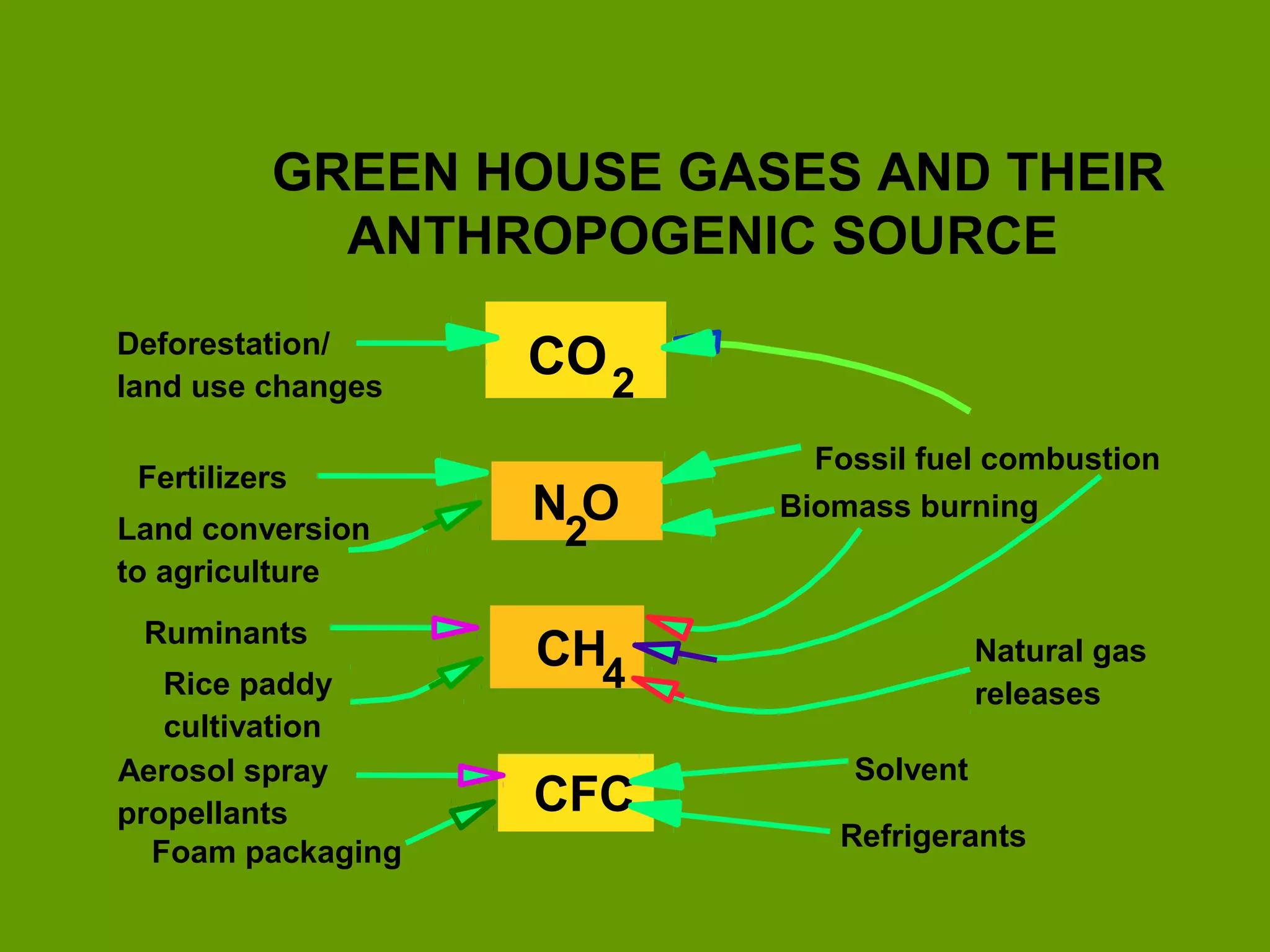 GREEN HOUSE GASES AND THEIR
ANTHROPOGENIC SOURCE
CO
N O
CH
CFC
Biomass burning
Fossil fuel combustion
Solvent
Refrigerants
Natural gas
releases
Fertilizers
Ruminants
Rice paddy
cultivation
Foam packaging
2
2
4
Deforestation/
land use changes
Land conversion
to agriculture
Aerosol spray
propellants
 