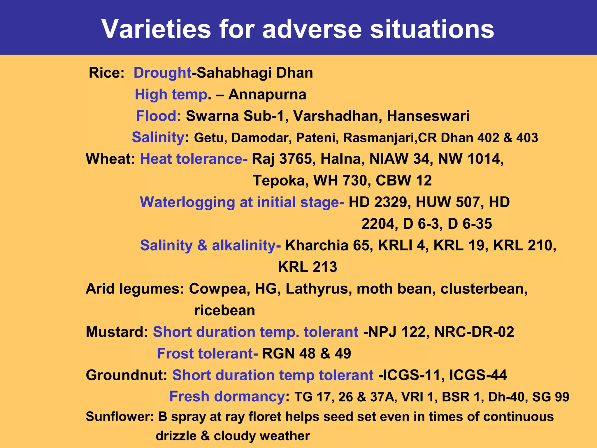 Varieties for adverse situations
Rice: Drought-Sahabhagi Dhan
High temp. – Annapurna
Flood: Swarna Sub-1, Varshadhan, Hanseswari
Salinity: Getu, Damodar, Pateni, Rasmanjari,CR Dhan 402 & 403
Wheat: Heat tolerance- Raj 3765, Halna, NIAW 34, NW 1014,
Tepoka, WH 730, CBW 12
Waterlogging at initial stage- HD 2329, HUW 507, HD
2204, D 6-3, D 6-35
Salinity & alkalinity- Kharchia 65, KRLI 4, KRL 19, KRL 210,
KRL 213
Arid legumes: Cowpea, HG, Lathyrus, moth bean, clusterbean,
ricebean
Mustard: Short duration temp. tolerant -NPJ 122, NRC-DR-02
Frost tolerant- RGN 48 & 49
Groundnut: Short duration temp tolerant -ICGS-11, ICGS-44
Fresh dormancy: TG 17, 26 & 37A, VRI 1, BSR 1, Dh-40, SG 99
Sunflower: B spray at ray floret helps seed set even in times of continuous
drizzle & cloudy weather
 