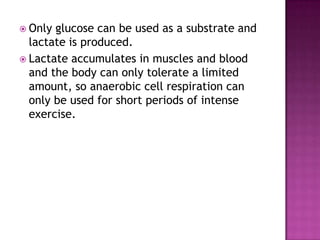 Only glucose can be used as a substrate and
  lactate is produced.
 Lactate accumulates in muscles and blood
  and the body can only tolerate a limited
  amount, so anaerobic cell respiration can
  only be used for short periods of intense
  exercise.
 