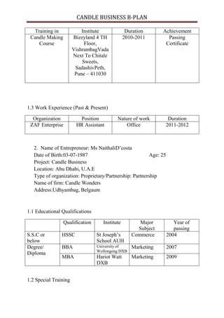 CANDLE BUSINESS B-PLAN

  Training in              Institute              Duration      Achievement
 Candle Making         Bizzyland 4 TH            2010-2011        Passing
    Course                  Floor,                               Certificate
                       VishrambagVada
                       Next To Chitale
                           Sweets,
                        SadashivPeth,
                        Pune – 411030




1.3 Work Experience (Past & Present)

  Organization           Position           Nature of work        Duration
 ZAF Enterprise         HR Assistant            Office           2011-2012



   2. Name of Entrepreneur: Ms NaithaliD’costa
   Date of Birth:03-07-1987                              Age: 25
   Project: Candle Business
   Location: Abu Dhabi, U.A.E
   Type of organization: Proprietary/Partnership: Partnership
   Name of firm: Candle Wonders
   Address:Udhyambag, Belgaum



1.1 Educational Qualifications

                  Qualification      Institute         Major          Year of
                                                      Subject         passing
S.S.C or        HSSC              St Joseph’s       Commerce       2004
below                             School AUH
Degree/         BBA               University of     Marketing      2007
                                  Wollongong DXB
Diploma
                MBA               Hariot Watt       Marketing      2009
                                  DXB


1.2 Special Training
 