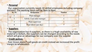 • Personal
Our organization currently needs 10 skilled employees including company
partners. The working hours will be 8am to 6pm.
• Suppliers
The organization has 4 suppliers, as there is a Hugh availability of raw
material in Kollam, the suppliers can be changed according to the needs
which will give an advantage for our company over the supplier
• Credit polices
Ever Green doesn’t sell goods on credit instead we increased the profit
margin to wholesalers
SI. No Designation Number
1 Plant manager 1
2 Admin. Cum sales manager 1
3 Plant supervisor 1
4 Plant labors (per day) 7
 