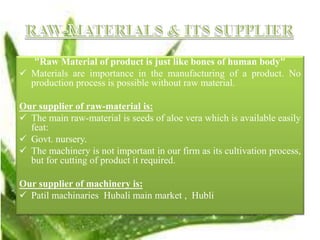 "Raw Material of product is just like bones of human body"
 Materials are importance in the manufacturing of a product. No
production process is possible without raw material.
Our supplier of raw-material is:
 The main raw-material is seeds of aloe vera which is available easily
feat:
 Govt. nursery.
 The machinery is not important in our firm as its cultivation process,
but for cutting of product it required.
Our supplier of machinery is:
 Patil machinaries Hubali main market , Hubli
 