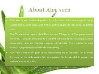 • Aloe Vera is not traditional product for cultivation in Karnataka region but in
Gujarat and in other states Aloe Vera is cultivated and its very useful & helpful
plant.
• Aloe Vera is a semi tropical plant There are over 250 species of Aloe grown around
the world. It contains more than two hundred tonic ingredients including essential
amino acids, minerals, vitamins, enzymes and steroids. Also contains the most
essential components required by the human body.
• Aloe Vera is very useful plant in any human being day to day affair. I'm also used
this plant in my daily routine life as medicine. So I'm decided to prepare my
business plan on Aloe Vera.
 