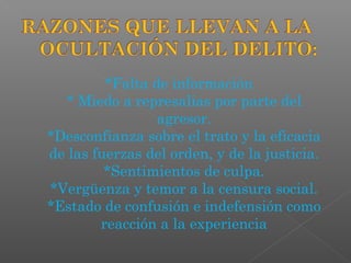 *Falta de información
  * Miedo a represalias por parte del
                 agresor.
*Desconfianza sobre el trato y la eficacia
de las fuerzas del orden, y de la justicia.
         *Sentimientos de culpa.
*Vergüenza y temor a la censura social.
*Estado de confusión e indefensión como
        reacción a la experiencia
 