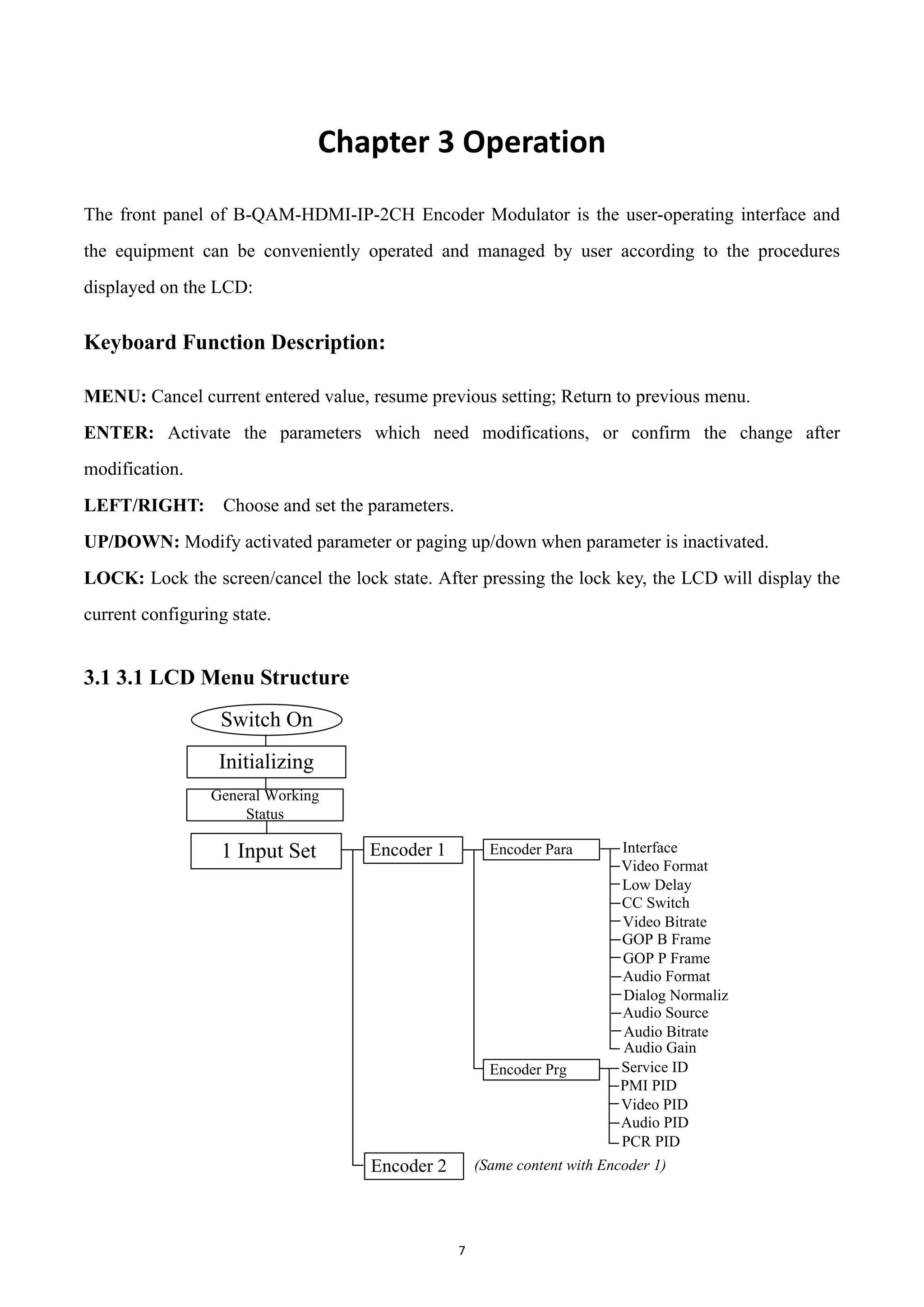 7
Chapter 3 Operation
The front panel of B-QAM-HDMI-IP-2CH Encoder Modulator is the user-operating interface and
the equipment can be conveniently operated and managed by user according to the procedures
displayed on the LCD:
Keyboard Function Description:
MENU: Cancel current entered value, resume previous setting; Return to previous menu.
ENTER: Activate the parameters which need modifications, or confirm the change after
modification.
LEFT/RIGHT: Choose and set the parameters.
UP/DOWN: Modify activated parameter or paging up/down when parameter is inactivated.
LOCK: Lock the screen/cancel the lock state. After pressing the lock key, the LCD will display the
current configuring state.
3.1 3.1 LCD Menu Structure
Switch On
Initializing
General Working
Status
1 Input Set Encoder 1
Encoder 2
Low Delay
Encoder Para
Encoder Prg
(Same content with Encoder 1)
Interface
Video Format
Video Bitrate
CC Switch
GOP P Frame
GOP B Frame
Dialog Normaliz
Audio Format
Audio Bitrate
Audio Source
Audio Gain
Video PID
Service ID
PMI PID
PCR PID
Audio PID
 
