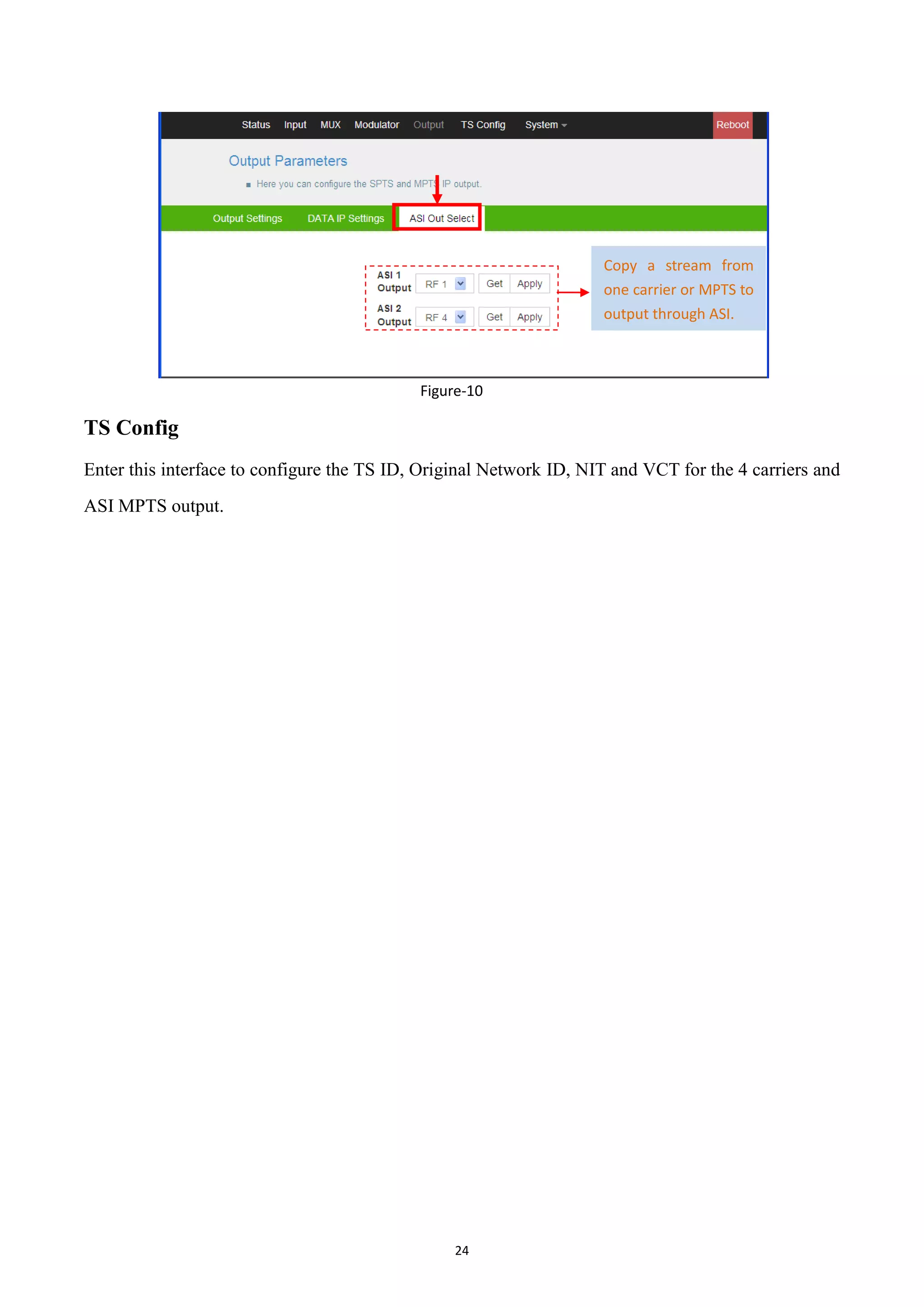 24
Figure-10
TS Config
Enter this interface to configure the TS ID, Original Network ID, NIT and VCT for the 4 carriers and
ASI MPTS output.
Copy a stream from
one carrier or MPTS to
output through ASI.
 