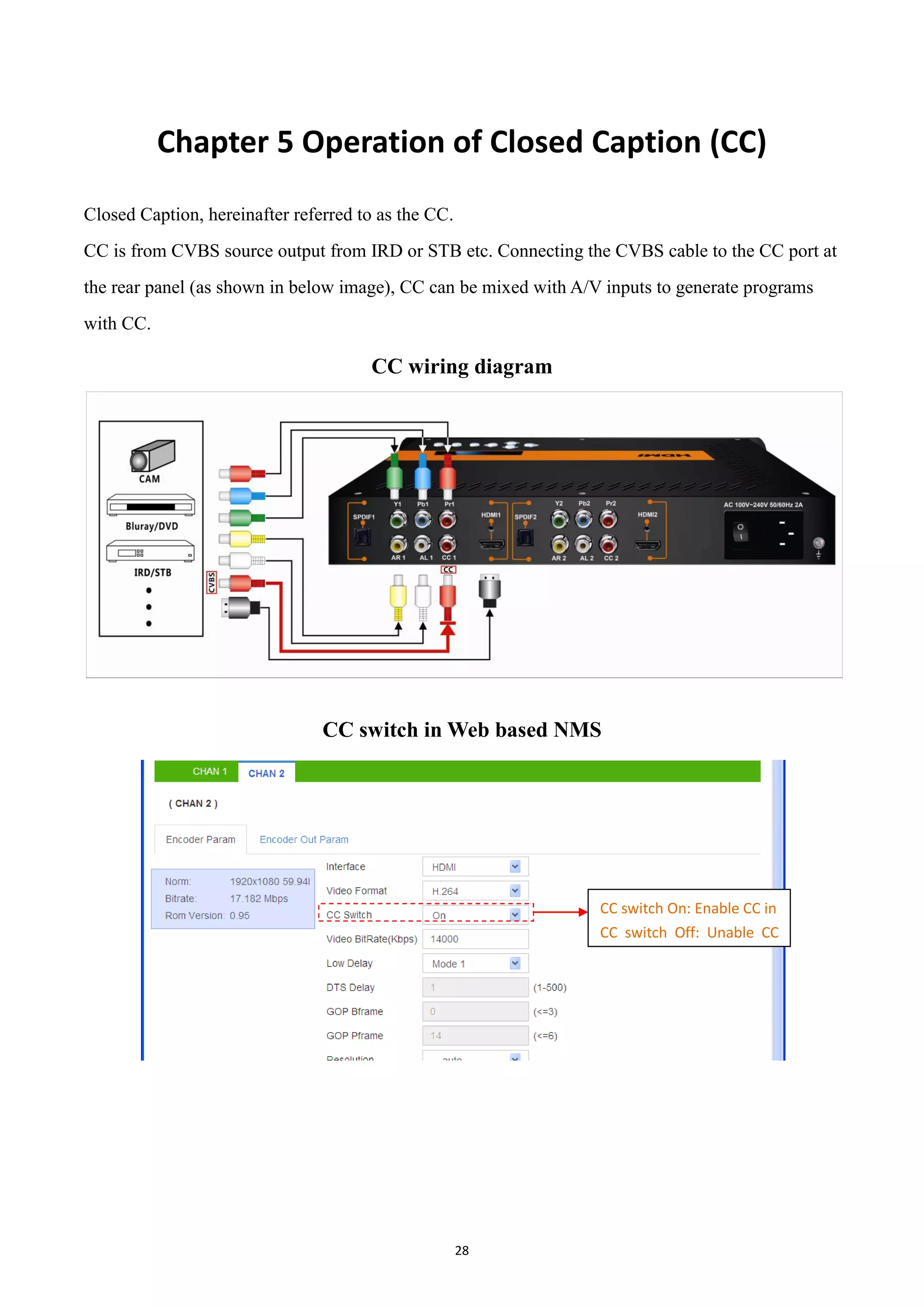 28
Chapter 5 Operation of Closed Caption (CC)
Closed Caption, hereinafter referred to as the CC.
CC is from CVBS source output from IRD or STB etc. Connecting the CVBS cable to the CC port at
the rear panel (as shown in below image), CC can be mixed with A/V inputs to generate programs
with CC.
CC wiring diagram
CC switch in Web based NMS
CC switch On: Enable CC in
CC switch Off: Unable CC
in
 