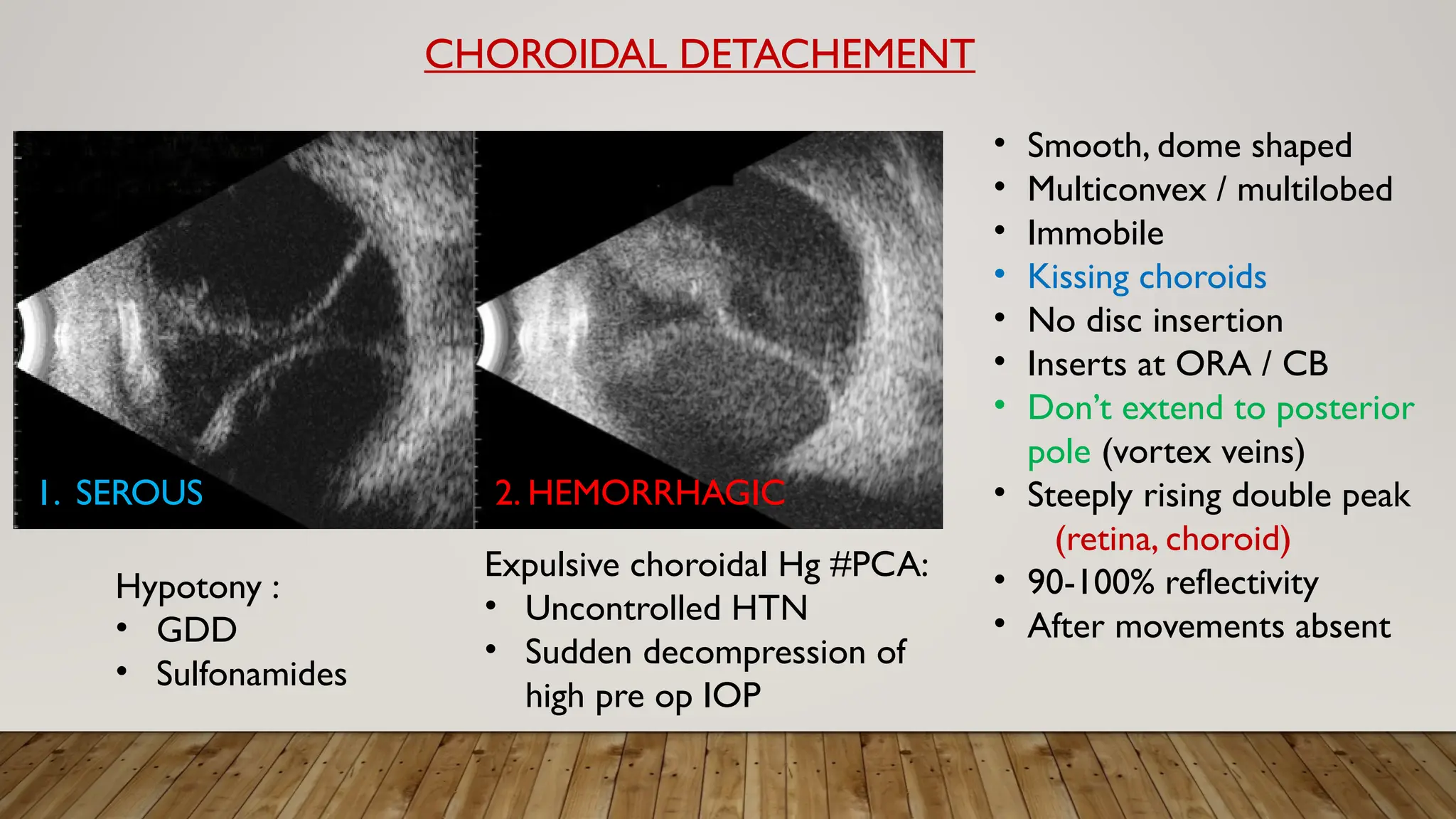 CHOROIDAL DETACHEMENT
• Smooth, dome shaped
• Multiconvex / multilobed
• Immobile
• Kissing choroids
• No disc insertion
• Inserts at ORA / CB
• Don’t extend to posterior
pole (vortex veins)
• Steeply rising double peak
(retina, choroid)
• 90-100% reflectivity
• After movements absent
Hypotony :
• GDD
• Sulfonamides
Expulsive choroidal Hg #PCA:
• Uncontrolled HTN
• Sudden decompression of
high pre op IOP
2. HEMORRHAGIC
1. SEROUS
 