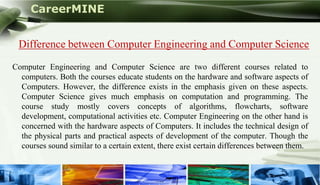 CareerMINE


  Difference between Computer Engineering and Computer Science

Computer Engineering and Computer Science are two different courses related to
  computers. Both the courses educate students on the hardware and software aspects of
  Computers. However, the difference exists in the emphasis given on these aspects.
  Computer Science gives much emphasis on computation and programming. The
  course study mostly covers concepts of algorithms, flowcharts, software
  development, computational activities etc. Computer Engineering on the other hand is
  concerned with the hardware aspects of Computers. It includes the technical design of
  the physical parts and practical aspects of development of the computer. Though the
  courses sound similar to a certain extent, there exist certain differences between them.


Company Logo
 