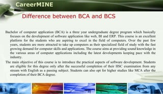 CareerMINE

           Difference between BCA and BCS

Bachelor of computer application (BCA) is a three year undergraduate degree program which basically
   focuses on the development of software application like web, BI and ERP. This course is an excellent
   platform for the students who are aspiring to excel in the field of computers. Over the past few
   years, students are more attracted to take up computers as their specialized field of study with the fast
   growing demand for computer skills and applications. The course aims at providing sound knowledge in
   the various areas of computer applications including the latest developments keeping pace with the
   industry.
The main objective of this course is to introduce the practical aspects of software development. Students
   are eligible for this degree only after the successful completion of their HSC examination from any
   stream with English as a passing subject. Students can also opt for higher studies like MCA after the
   completion of their BCA degree.



Company Logo
 