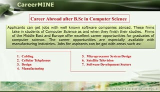 CareerMINE

                Career Abroad after B.Sc in Computer Science
 Applicants can get jobs with well known software companies abroad. These firms
   take in students of Computer Science as and when they finish their studies. Firms
   of the Middle East and Europe offer excellent career opportunities for graduates of
   computer science. The career opportunities are especially available with
   manufacturing industries. Jobs for aspirants can be got with areas such as:


      1.   Cabling                          5. Microprocessor System Design
      2.   Cellular Telephones              6. Satellite Television
      3.   Design                           7. Software Development Sectors
      4.   Manufacturing




Company Logo
 