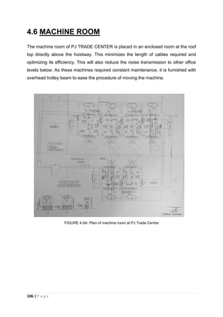 106 | P a g e
4.6 MACHINE ROOM
The machine room of PJ TRADE CENTER is placed in an enclosed room at the roof
top directly above the hoistway. This minimizes the length of cables required and
optimizing its efficiency. This will also reduce the noise transmission to other office
levels below. As these machines required constant maintenance, it is furnished with
overhead trolley beam to ease the procedure of moving the machine.
FIGURE 4.6A: Plan of machine room at PJ Trade Centre
 