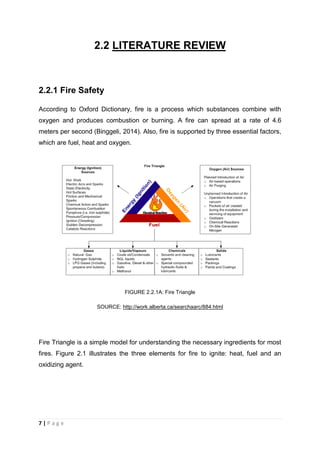 7 | P a g e
2.2 LITERATURE REVIEW
2.2.1 Fire Safety
According to Oxford Dictionary, fire is a process which substances combine with
oxygen and produces combustion or burning. A fire can spread at a rate of 4.6
meters per second (Binggeli, 2014). Also, fire is supported by three essential factors,
which are fuel, heat and oxygen.
FIGURE 2.2.1A: Fire Triangle
SOURCE: http://work.alberta.ca/searchaarc/884.html
Fire Triangle is a simple model for understanding the necessary ingredients for most
fires. Figure 2.1 illustrates the three elements for fire to ignite: heat, fuel and an
oxidizing agent.
 