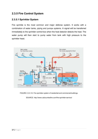 17 | P a g e
2.3.5 Fire Control System
2.3.5.1 Sprinkler System
Fire sprinkle is the most common and major defense system. It works with a
combination of water tanks, piping and pumps systems. A signal will be transferred
immediately to the sprinkler control box when the heat detector detects the heat. The
water pump will then start to pump water from tank with high pressure to the
sprinkler head.
FIGURE 2.3.5.1A: Fire sprinkler system of residential and commercial buildings.
SOURCE: http://www.calcountiesfire.com/fire-sprinkler-service/
 