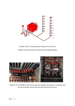 27 | P a g e
FIGURE 2.3.9B: The piping distribution system from the wet riser.
SOURCE: http://sprinksistemleri.net/index.php?142=blog&id=33&dil=tr
FIGURE 2.3.9C & FIGURE 2.3.9D: The fire pump room located at the basement. A lot of piping work
such as for sprinkler, wet riser and hose reel can be found in the room.
 