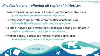 Key Challenges – aligning all regional initiatives
• Ensure regional actions cover all elements of the waste value chain
great opportunity to review national approaches
• Diverse policies and activities implementing at national level
followed ASEAN Framework of Action / categorization
• Levels of national policies/strategies: roadmap, action plan, act/order
regional guidance on policy support and planning
• Methodologies to assess and monitor marine debris/litter
Harmonization of the methodologies is required
2nd Regional Ocean Policy Dialogue: Session 1
Suree 1/2
 