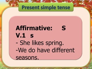 Affirmative:
S
V.1 s
- She likes spring.
-We do have different
seasons.

 