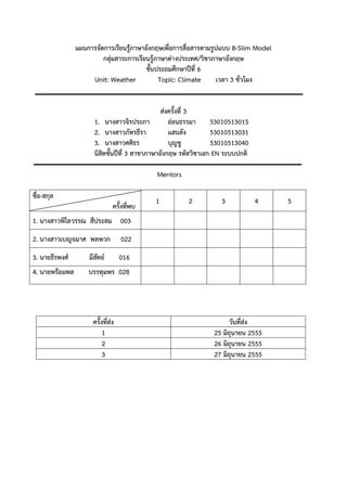 ?????????????????????????????????????????????????????? B-Slim Model
??????????????????????????????????/??????????????
??????????????????? 6
Unit: Weather
Topic: Climate
???? 3 ???????
??????????? 3
1. ??????????????
?????????
53010513015
2. ??????????????
??????
53010513031
3. ???????????
?????
53010513040
?????????????? 3 ?????????????? ??????????? EN ????????
Mentors
????-????
??????????

1

2

3

4

1. ?????????????? ??????? 003
2. ????????????? ?????

022

3. ??????????

???????

016

4. ??????????

???????? 028

???????????
1
2
3

?????????
25 ???????? 2555
26 ???????? 2555
27 ???????? 2555

5

 