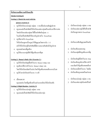 6
ขั้นกิจกรรมเพื่อความเข้าใจและฝึก
(Intake-Gettingit)
Getting1: Match theword with the
picture (Activity1)
1. ครูให้นักเรียนแบ่งกลุ่ม กลุ่มละ 3 คนเพื่อเล่นเกมจับคู่รูปภาพ
2. ครูแจกแผ่นป้ายคาศัพท์ให้นักเรียนแต่ละกลุ่มพร้อมอธิบายวิธีการเล่น
โดยนักเรียนแต่ละกลุ่มจะได้ป้ายคาศัพท์กลุ่มละ 6
ใบแล้วยกป้ายคาศัพท์ให้ตรงกับรูปภาพใน PowerPoint
3. ครูเปิดภาพใน PowerPoint
ให้นักเรียนดูจากนั้นครูจะให้สัญญาณโดยการนับ 1-3
แล้วให้นักเรียนชูป้ายคาศัพท์ที่มีความหมายสัมพันธ์กับรูปภาพ
4. ครูเฉลยคาตอบที่ถูกต้อง
5. ครูให้คะแนนกลุ่มที่ทาได้ถูกต้องมากที่สุด
Getting2: Danna’sDaily Life ( Exercise 2 )
1. ครูให้นักเรียนจับคู่เพื่อทาใบงาน Donna’s Daily Life
2. ครูอธิบายวิธีการทาใบงาน Donna’s Daily Life
โดยให้นักเรียนเติมคาในประโยคให้ถูกต้องสอดคล้องจากบริบท
3. ครูให้เวลานักเรียนทาใบงาน 5 นาที
4. เมื่อหมดเวลา
ครูเฉลยประโยคที่ถูกต้องพร้อมอ่านออกเสียงให้นักเรียนฟัง
Getting3: Right Routine (Activity3)
1. ครูให้นักเรียนแบ่งกลุ่ม กลุ่มละ 6คน
2. ครูแจกแผ่นป้ายคาศัพท์ให้นักเรียนแต่ละกลุ่ม
1. นักเรียนแบ่งกลุ่ม กลุ่มละ 6 คนเ
2. นักเรียนแต่ละกลุ่มได้รับป้ายคาศ
นักเรียนดูภาพจาก PowerPoint
3. นักเรียนรอฟังสัญญาณพร้อมกับช
4. นักเรียนฟังเฉลยจากครู
5. นักเรียนกลุ่มที่ทาถูกต้องมากที่สุด
1. นักเรียนจับคู่เพื่อทาใบงาน Donn
2. นักเรียนฟังครูอธิบายวิธีการทาใบ
และเติมคาให้ถูกต้องสอดคล้องก
3. นักเรียนลงมือทาใบงาน โดยมีระ
4. นักเรียนฟังครูเฉลยพร้อมอ่านออ
1. นักเรียนแบ่งกลุ่ม กลุ่มละ 6 คน
2. นักเรียนแต่ละกลุ่มรับแผ่นป้ายคา
 