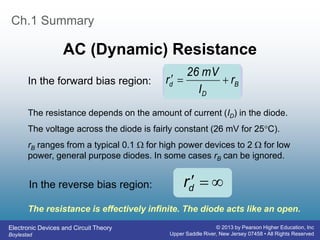 Electronic Devices and Circuit Theory
Boylestad
© 2013 by Pearson Higher Education, Inc
Upper Saddle River, New Jersey 07458 • All Rights Reserved
Ch.1 Summary
AC (Dynamic) Resistance
The resistance depends on the amount of current (ID) in the diode.
The voltage across the diode is fairly constant (26 mV for 25C).
rB ranges from a typical 0.1  for high power devices to 2  for low
power, general purpose diodes. In some cases rB can be ignored.
B
D
d r
I
mV
26
r 





rd
In the forward bias region:
In the reverse bias region:
The resistance is effectively infinite. The diode acts like an open.
 
