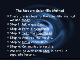 The Modern Scientific Method
4 There are 6 steps to the scientific method
  we use today.
4 Step 1: Ask a question.
4 Step 2: Form a hypothesis.
4 Step 3: Test the hypothesis.
4 Step 4: Analyze the results.
4 Step 5: Draw conclusions.
4 Step 6: Communicate results.
4 We will go over each step in detail in
  separate lessons.                        13
 