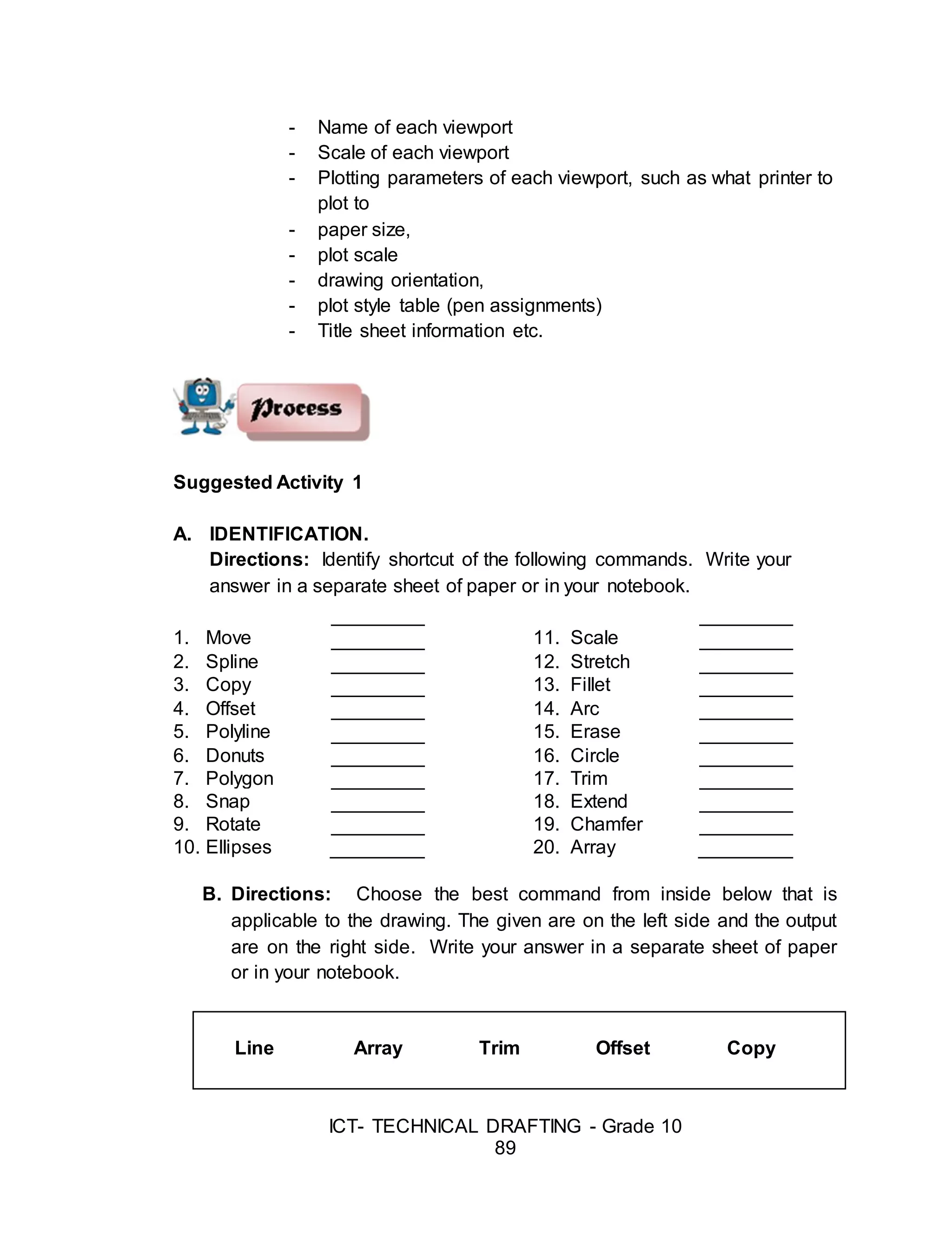 ICT- TECHNICAL DRAFTING - Grade 10
89
- Name of each viewport
- Scale of each viewport
- Plotting parameters of each viewport, such as what printer to
plot to
- paper size,
- plot scale
- drawing orientation,
- plot style table (pen assignments)
- Title sheet information etc.
Suggested Activity 1
A. IDENTIFICATION.
Directions: Identify shortcut of the following commands. Write your
answer in a separate sheet of paper or in your notebook.
B. Directions: Choose the best command from inside below that is
applicable to the drawing. The given are on the left side and the output
are on the right side. Write your answer in a separate sheet of paper
or in your notebook.
Line Array Trim Offset Copy
1. Move 11. Scale
2. Spline 12. Stretch
3. Copy 13. Fillet
4. Offset 14. Arc
5. Polyline 15. Erase
6. Donuts 16. Circle
7. Polygon 17. Trim
8. Snap 18. Extend
9. Rotate 19. Chamfer
10. Ellipses 20. Array
 
