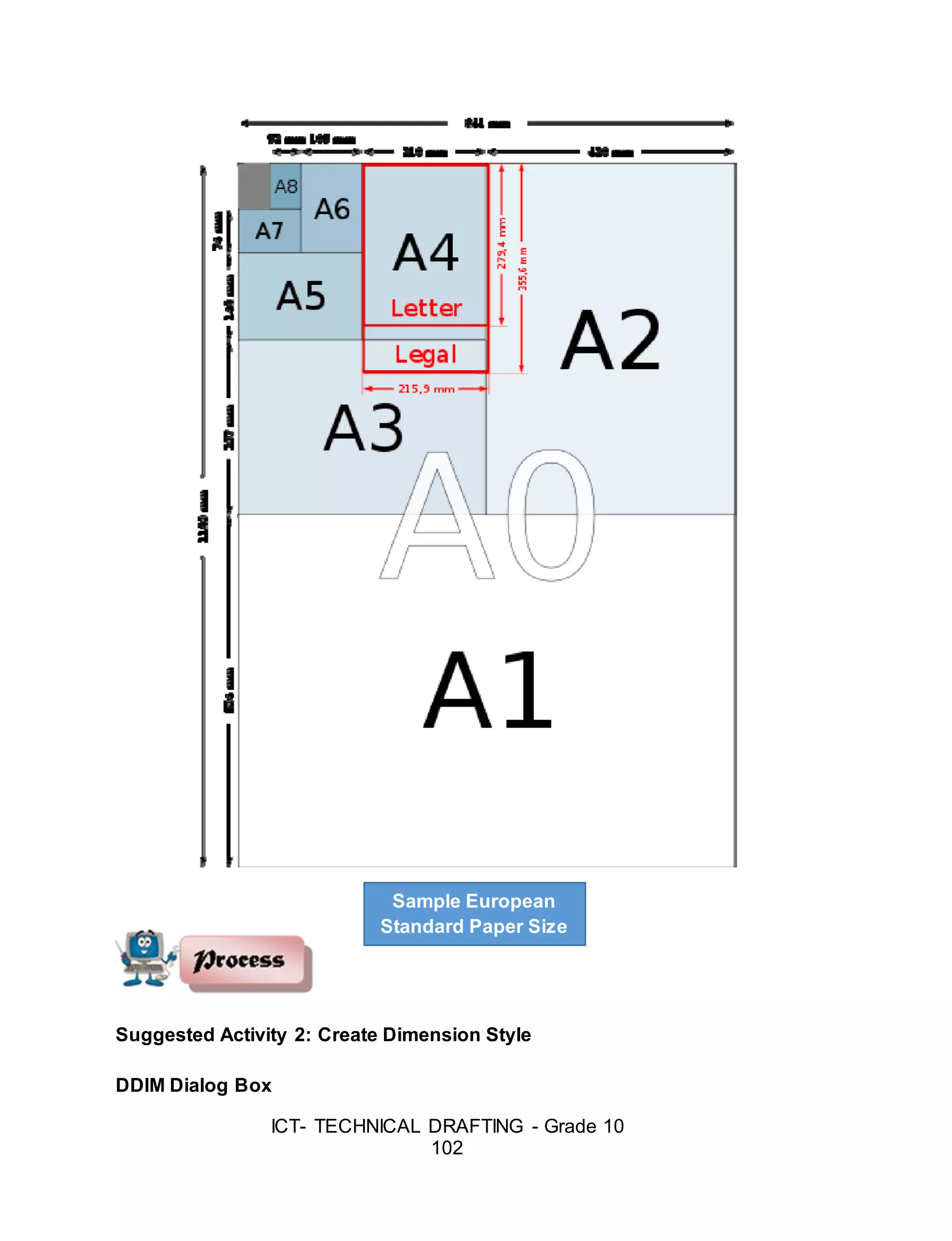 ICT- TECHNICAL DRAFTING - Grade 10
102
Suggested Activity 2: Create Dimension Style
DDIM Dialog Box
Sample European
Standard Paper Size
 