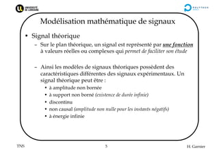 TNS H. Garnier
5
Modélisation mathématique de signaux
• Signal théorique
– Sur le plan théorique, un signal est représenté...