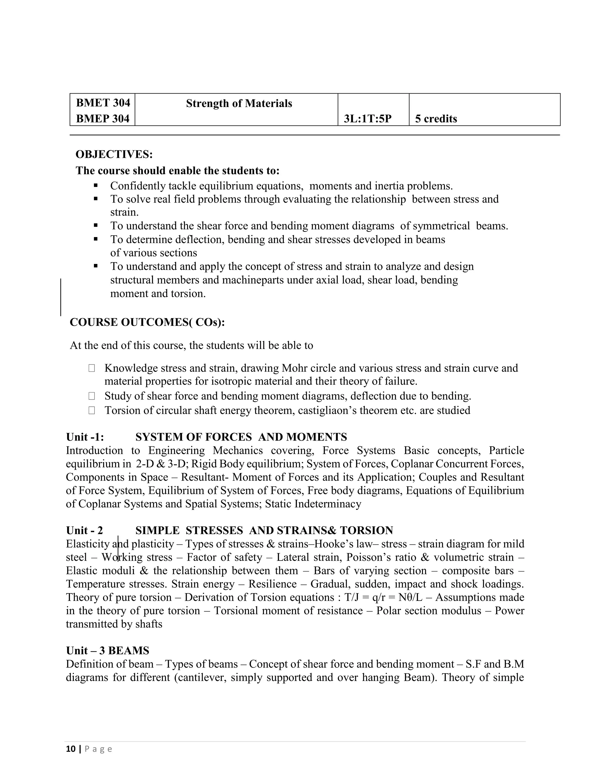 10 | P a g e
BMET 304
BMEP 304
Strength of Materials
3L:1T:5P 5 credits
OBJECTIVES:
The course should enable the students to:
▪ Confidently tackle equilibrium equations, moments and inertia problems.
▪ To solve real field problems through evaluating the relationship between stress and
strain.
▪ To understand the shear force and bending moment diagrams of symmetrical beams.
▪ To determine deflection, bending and shear stresses developed in beams
of various sections
▪ To understand and apply the concept of stress and strain to analyze and design
structural members and machineparts under axial load, shear load, bending
moment and torsion.
COURSE OUTCOMES( COs):
At the end of this course, the students will be able to
Knowledge stress and strain, drawing Mohr circle and various stress and strain curve and
material properties for isotropic material and their theory of failure.
Study of shear force and bending moment diagrams, deflection due to bending.
Torsion of circular shaft energy theorem, castigliaon’s theorem etc. are studied
Unit -1: SYSTEM OF FORCES AND MOMENTS
Introduction to Engineering Mechanics covering, Force Systems Basic concepts, Particle
equilibrium in 2-D & 3-D; Rigid Body equilibrium; System of Forces, Coplanar Concurrent Forces,
Components in Space – Resultant- Moment of Forces and its Application; Couples and Resultant
of Force System, Equilibrium of System of Forces, Free body diagrams, Equations of Equilibrium
of Coplanar Systems and Spatial Systems; Static Indeterminacy
Unit - 2 SIMPLE STRESSES AND STRAINS& TORSION
Elasticity and plasticity – Types of stresses & strains–Hooke’s law– stress – strain diagram for mild
steel – Working stress – Factor of safety – Lateral strain, Poisson’s ratio & volumetric strain –
Elastic moduli & the relationship between them – Bars of varying section – composite bars –
Temperature stresses. Strain energy – Resilience – Gradual, sudden, impact and shock loadings.
Theory of pure torsion – Derivation of Torsion equations : T/J = q/r = Nθ/L – Assumptions made
in the theory of pure torsion – Torsional moment of resistance – Polar section modulus – Power
transmitted by shafts
Unit – 3 BEAMS
Definition of beam – Types of beams – Concept of shear force and bending moment – S.F and B.M
diagrams for different (cantilever, simply supported and over hanging Beam). Theory of simple
 