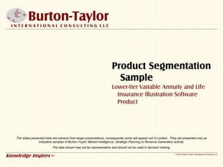 Burton-Taylor
  INTERNATIONAL CONSULTING LLC




                                                                         Product Segmentation
                                                                           Sample
                                                                         Lower-tier Variable Annuity and Life
                                                                           Insurance Illustration Software
                                                                           Product




    The slides presented here are extracts from larger presentations, consequently some will appear out of context. They are presented only as
                    indicative samples of Burton-Taylor Market Intelligence, Strategic Planning or Revenue Generation activity.
                              The data shown may not be representative and should not be used in decision making.

Knowledge Inspires SM                                                                                                  © 2007 Burton-Taylor International Consulting LLC
 