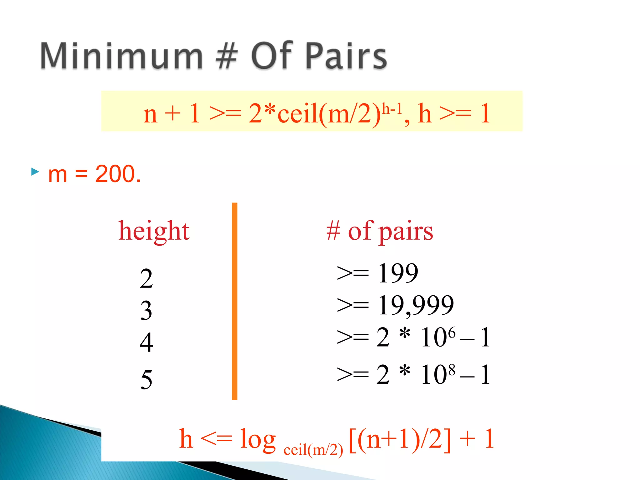  m = 200.
n + 1 >= 2*ceil(m/2)h-1
, h >= 1
height # of pairs
2 >= 199
3 >= 19,999
4 >= 2 * 106
–1
5 >= 2 * 108
–1
h <= log ceil(m/2) [(n+1)/2] + 1
 