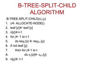 B-TREE-SPLIT-CHILD
ALGORITHM
B-TREE-SPLIT-CHILD(x,i,y)
1. z ALLOCATE-NODE()
2. leaf [z] leaf [y]
3. n[z]t-1
4. for j 1 to t-1
5. do keyj [z]  keyj+t [y]
6. if not leaf [y]
7. then for j1 to t
8. do cj [z] cj+t [y]
9. n[y] t-1
 