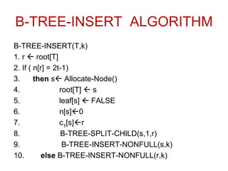 B-TREE-INSERT ALGORITHM
B-TREE-INSERT(T,k)
1. r  root[T]
2. If ( n[r] = 2t-1)
3. then s Allocate-Node()
4. root[T]  s
5. leaf[s]  FALSE
6. n[s]0
7. c1
[s]r
8. B-TREE-SPLIT-CHILD(s,1,r)
9. B-TREE-INSERT-NONFULL(s,k)
10. else B-TREE-INSERT-NONFULL(r,k)
 