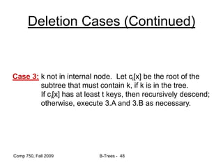 Comp 750, Fall 2009 B-Trees - 48
Deletion Cases (Continued)
Case 3: k not in internal node. Let ci[x] be the root of the
subtree that must contain k, if k is in the tree.
If ci[x] has at least t keys, then recursively descend;
otherwise, execute 3.A and 3.B as necessary.
 