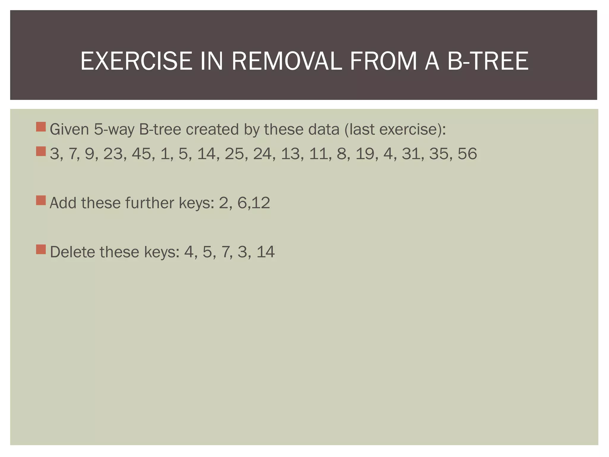 Given 5-way B-tree created by these data (last exercise):
3, 7, 9, 23, 45, 1, 5, 14, 25, 24, 13, 11, 8, 19, 4, 31, 35, 56
Add these further keys: 2, 6,12
Delete these keys: 4, 5, 7, 3, 14
EXERCISE IN REMOVAL FROM A B-TREE
 