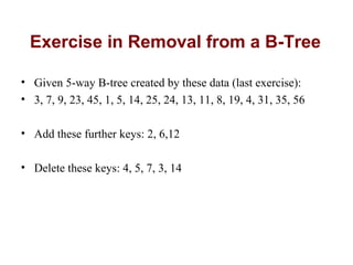 Exercise in Removal from a B-Tree

• Given 5-way B-tree created by these data (last exercise):
• 3, 7, 9, 23, 45, 1, 5, 14, 25, 24, 13, 11, 8, 19, 4, 31, 35, 56

• Add these further keys: 2, 6,12

• Delete these keys: 4, 5, 7, 3, 14
 