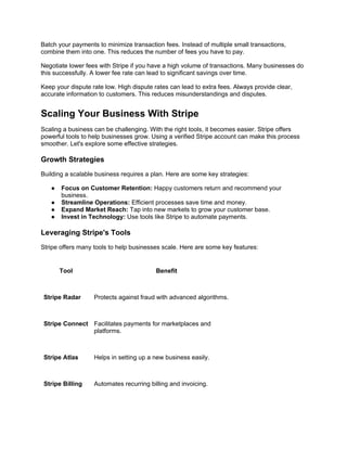 Batch your payments to minimize transaction fees. Instead of multiple small transactions,
combine them into one. This reduces the number of fees you have to pay.
Negotiate lower fees with Stripe if you have a high volume of transactions. Many businesses do
this successfully. A lower fee rate can lead to significant savings over time.
Keep your dispute rate low. High dispute rates can lead to extra fees. Always provide clear,
accurate information to customers. This reduces misunderstandings and disputes.
Scaling Your Business With Stripe
Scaling a business can be challenging. With the right tools, it becomes easier. Stripe offers
powerful tools to help businesses grow. Using a verified Stripe account can make this process
smoother. Let's explore some effective strategies.
Growth Strategies
Building a scalable business requires a plan. Here are some key strategies:
● Focus on Customer Retention: Happy customers return and recommend your
business.
● Streamline Operations: Efficient processes save time and money.
● Expand Market Reach: Tap into new markets to grow your customer base.
● Invest in Technology: Use tools like Stripe to automate payments.
Leveraging Stripe's Tools
Stripe offers many tools to help businesses scale. Here are some key features:
Tool Benefit
Stripe Radar Protects against fraud with advanced algorithms.
Stripe Connect Facilitates payments for marketplaces and
platforms.
Stripe Atlas Helps in setting up a new business easily.
Stripe Billing Automates recurring billing and invoicing.
 
