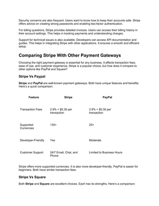 Security concerns are also frequent. Users want to know how to keep their accounts safe. Stripe
offers advice on creating strong passwords and enabling two-factor authentication.
For billing questions, Stripe provides detailed invoices. Users can access their billing history in
their account settings. This helps in tracking payments and understanding charges.
Support for technical issues is also available. Developers can access API documentation and
guides. This helps in integrating Stripe with other applications. It ensures a smooth and efficient
setup.
Comparing Stripe With Other Payment Gateways
Choosing the right payment gateway is essential for any business. It affects transaction fees,
ease of use, and customer experience. Stripe is a popular choice, but how does it compare to
other options like PayPal and Square?
Stripe Vs Paypal
Stripe and PayPal are well-known payment gateways. Both have unique features and benefits.
Here’s a quick comparison:
Feature Stripe PayPal
Transaction Fees 2.9% + $0.30 per
transaction
2.9% + $0.30 per
transaction
Supported
Currencies
135+ 25+
Developer-Friendly Yes Moderate
Customer Support 24/7 Email, Chat, and
Phone
Limited to Business Hours
Stripe offers more supported currencies. It is also more developer-friendly. PayPal is easier for
beginners. Both have similar transaction fees.
Stripe Vs Square
Both Stripe and Square are excellent choices. Each has its strengths. Here’s a comparison:
 