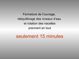 Fermeture de l’ouvrage,  rééquilibrage des niveaux d’eau  et rotation des nacelles prennent en tout   seulement 15 minutes 