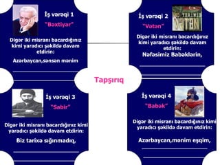 İş vərəqi 1                        İş vərəqi 2
                “Bəxtiyar”                           “Vətən”
                                                  Digər iki misranı bacardığınız
  Digər iki misranı bacardığınız                  kimi yaradıcı şəkildə davam
  kimi yaradıcı şəkildə davam                                etdirin:
             etdirin:
                                                    Nəfəsimiz Babəklərin,
   ə⳦,sənsən mənim
                                                   _____________________
   _____________________
                                                   _____________________
   _____________________              Tapşırıq

                 İş vərəqi 3                        İş vərəqi 4

                   “Sabir”                            “Babək”

                                                 Digər iki misranı bacardığınız kimi
Digər iki misranı bacardığınız kimi               yaradıcı şəkildə davam etdirin:
 yaradıcı şəkildə davam etdirin:

    Biz tarixə sığınmadıq,                         ə⳦,mənim eşqim,
                                                    _____________________
   _____________________
                                                     ____________________
   _____________________
 