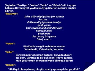 Şagirdlər “Bəxtiyar”,”Vətən”,”Sabir” və “Babək”adlı 4 qrupa
bölünür.Davamiyyət yoxlanılır.Qrup liderləri özlərini təqdim
edirlər.
“Bəxtiyar”:
                Isim, sifət döyüşlərdə çox zaman
                             karıxar…
                  Fellərsə döyüşlərdən həmişə
                            qalib çıxar.
                 Çox sevirəm igid kimi döyüşən
                          Kəlməni mən,
                            Sözü mən,
                       Fel olmaq istəyirəm
                           Düzü, mən…
“Vətən”:
                Könlümün sevgili məhbubu mənim
                 Vətənimdir, Vətənimdir, Vətənim.
“Sabir”:
           Bənzərəm bir qocaman dağa ki, dəryada durar!
           Nə qəm, uğratsa da bir gün məni ifnaya zaman,
           Mən gedərəmsə, məramim yenə dünyada durar!
“Babək”:
  "40 il qul olmaqdansa, bir gün azad yaşamaq daha şərəflidi"
 
