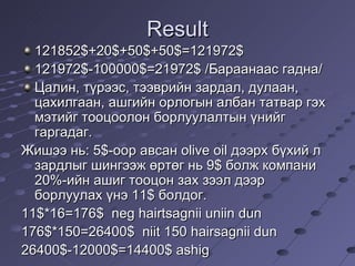 Result 121852$+20$+50$+50$=121972$ 121972$-100000$=21972$  /Бараанаас гадна/ Цалин, түрээс, тээврийн зардал, дулаан, цахилгаан, ашгийн орлогын албан татвар гэх мэтийг тооцоолон борлуулалтын үнийг гаргадаг. Жишээ нь: 5 $ -оор авсан  olive oil  дээрх бүхий л зардлыг шингээж өртөг нь  9$  болж компани 20%-ийн ашиг тооцон зах зээл дээр борлуулах үнэ  1 1 $  болдог.  11$*16=176$  neg hairtsagnii uniin dun 176$*150=26400$   niit 150 hairsagnii dun 26400$-12000$=14400$ ashig 